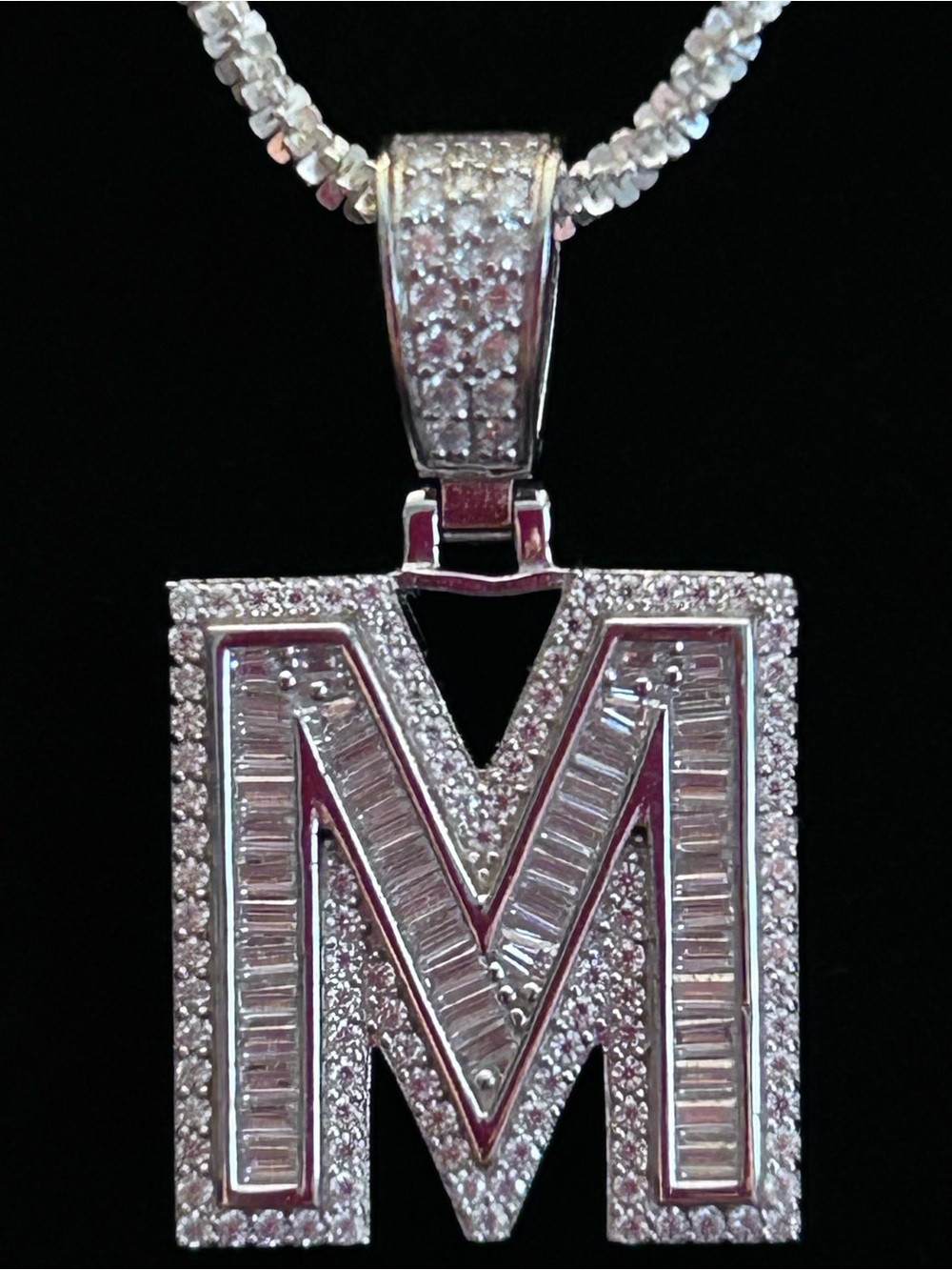 Moissanite Baguette & Pavé Letter M Pendant Necklace - 925 Silver With 24” Chain